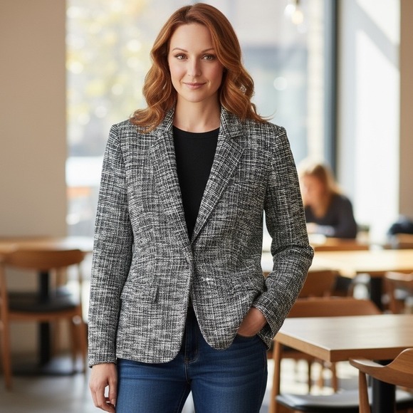 Anne Klein Women's Blazer Jacket Black White Tweed Single Button Size L - Picture 2 of 16